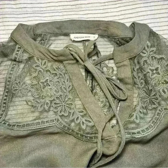 And The Why Army Green Blouse Sheer Floral Design - Picture 4 of 6